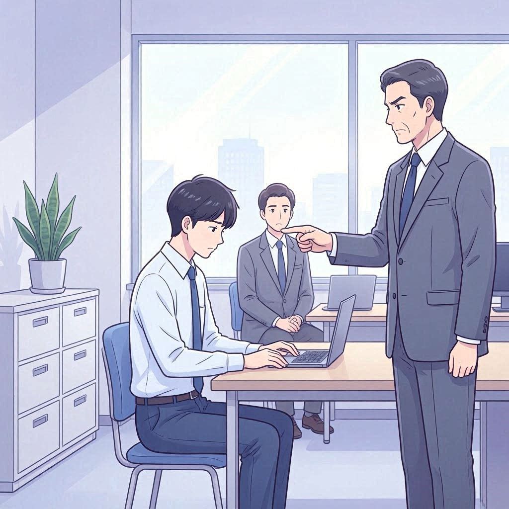 職場で上司が部下を指さして叱責しているイラスト