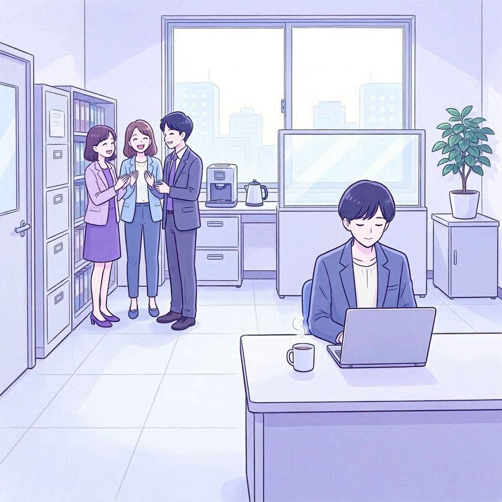 同僚の輪から外され一人になっている場面